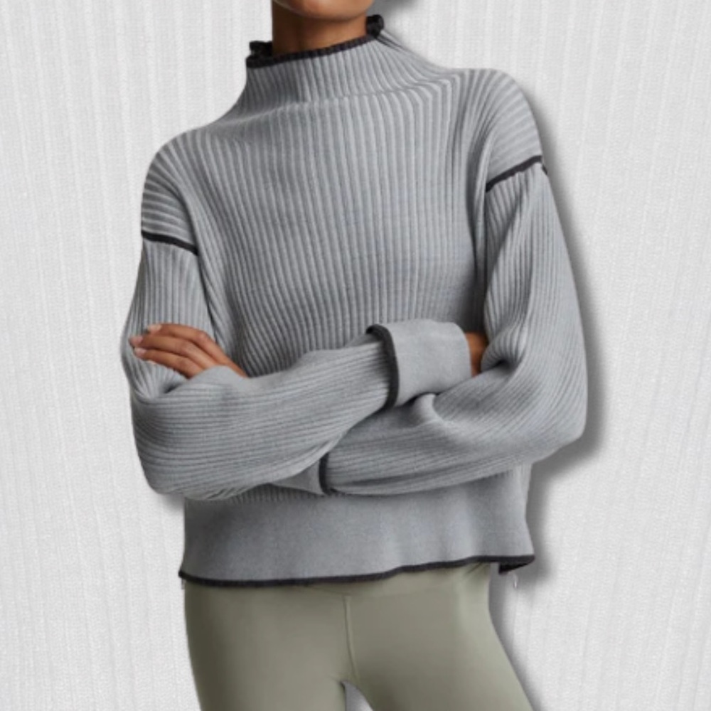 Varley Grey Ribbed Mock Neck Knit Sweater - Size Large